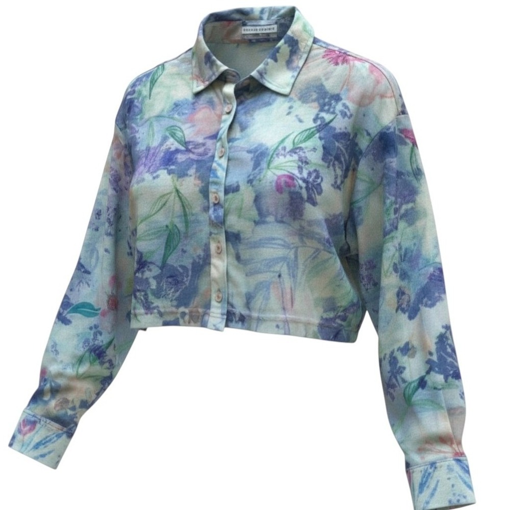 Urban Outfitters Mesh Cropped Button Down Shirt Floral Sheer Abstract Blue Small